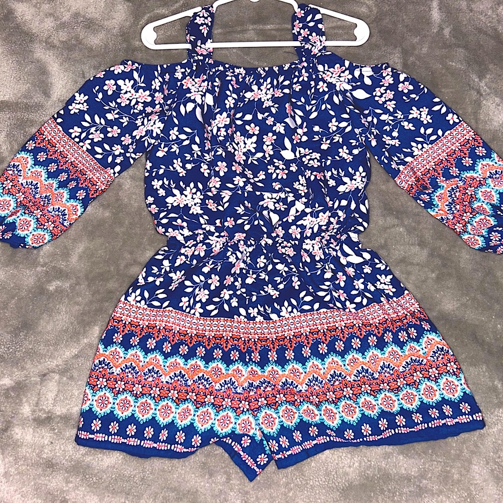 My Michelle Girls Blue and Orange Cold Shoulder *Romper*